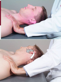 <ul><li><p>one hand on pt. AC joint on side of treatment</p></li><li><p>other hand under occiput from other side→ gently rotate head away from treatment side</p><ul><li><p>until tension felt → return to neutral </p></li></ul></li></ul><p></p>