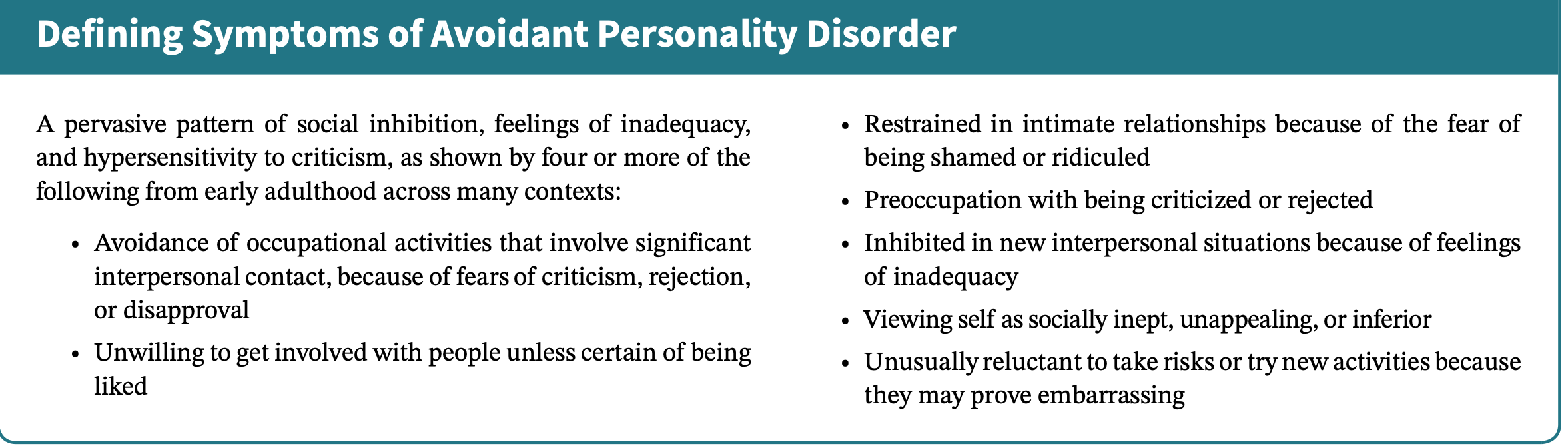 <p>A pervasive pattern of <strong>social inhibition, feelings of inadequacy, and hypersensitivity to criticism</strong>, as shown by four or more of the following from early adulthood across many contexts:</p>