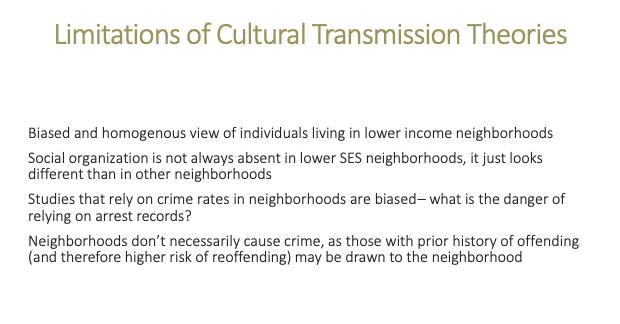 <ul><li><p><strong>Strain theories:</strong> delinquency comes from <strong>blocked goals or stress</strong> (frustration/strain → delinquency as response).</p></li><li><p><strong>Cultural transmission theories:</strong> delinquency comes from <strong>neighborhood culture/social organization</strong> (disorganization, collective efficacy, local values, cultural conflict) shaping what youth learn and do.</p></li></ul><p></p>