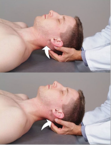 <ul><li><p>supine → cradle occiput + under mandible, f + cephalad traction </p></li><li><p>longitudinal → contact cervical paravertebral muscles, ant. force + cephalad traction </p></li></ul><p></p>