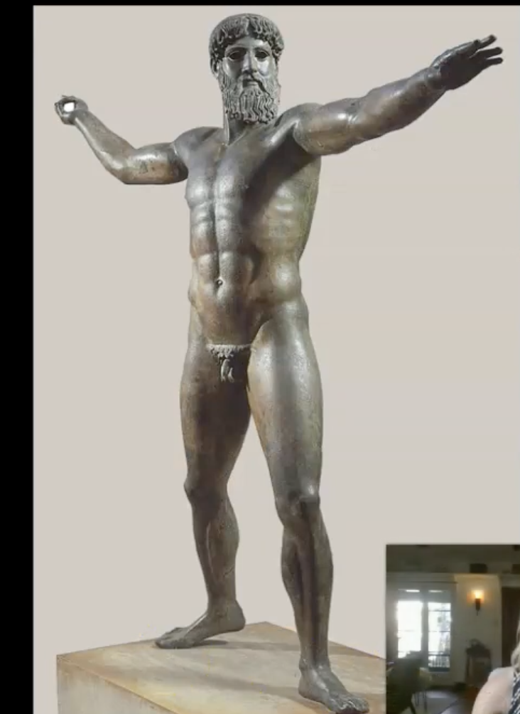 <p>relatively large: approx 6 ft, bronze</p><p> because of the lost wax method, its hollow core.</p><p>-position: no contrapposto stance, one foot elevated on a set of toes there in this athletic, open, dynamic pose.</p>