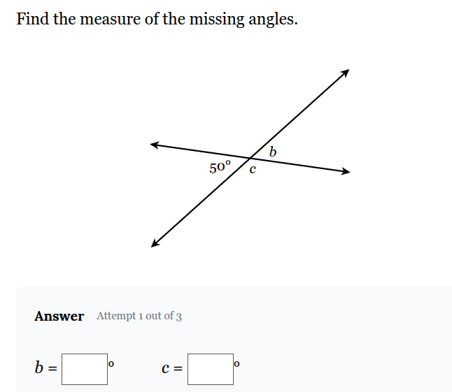 <p>Find the measure of the missing angles.</p>