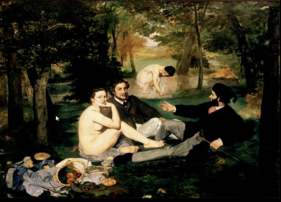 <p><span>Background: Manet's wife, Suzanne Leenhoff</span><br><br><span>Naked woman: his favorite model Victorine Meurent.</span><br><br><span>Right Man w/ Hand Out: Manet's brother Eugene Manet</span><br><span>(Instantaneous Moment)</span><br><br><span>Center Man: his future brother-in-law, Ferdinand Leenhoff</span><br><br><span>Cropping</span><br><br><span>Flash Effect:</span><br><span>in photographic sessions, magnesium flash powder ignited to produce a bright flash of light for illumination:</span><br><span>- Diminished Shadows</span><br><span>- In photographic sessions magnesium flash powder</span><br><span>- Ignited to produce a bright flash of light for illumination</span><br><span>- Painterly Brushstrokes</span><br><span>- "not things, but light reflections"</span><br><br><span>influences from photography:</span><br><span>- used a camera</span><br><span>- painted from the photograph,</span><br><span>*not "en plein air"</span><br><span>- instantaneous'moment</span><br><span>- cropping</span><br><span>- flash effect</span><br><span>- painterly brushstrokes:</span><br><span>* "light reflections"</span><br><br><span>Salon des Refuses</span><br><span>(Salon of the Rejected)</span></p>