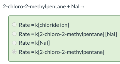 <p>which of the choices gives the rate equation for the following Sn1 reaction?</p>