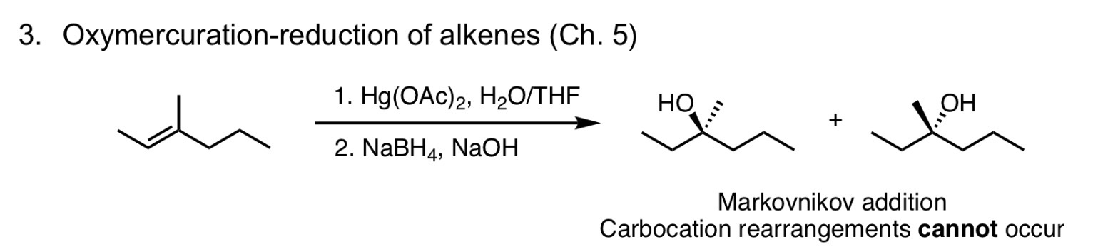 <p>Oxymercuration-reduction, no shifts occur</p>