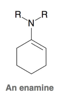<p>Under acidic conditions, aldehyde/ketone reacts with a 2º</p><p>amine to form an enamine</p><ul><li><p>The reaction requires acidic conditions to work; the mechanism</p><p>is identical to imine formation, except for the last step</p></li></ul><p></p>