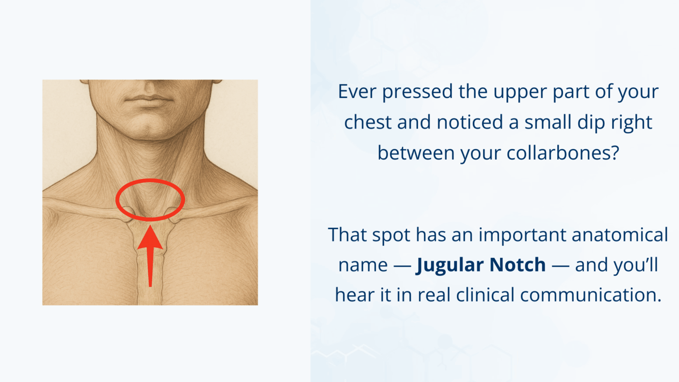 <p>Located on the manubrium, right in the middle between your clavicles. Can feel it at the base of your neck.</p>