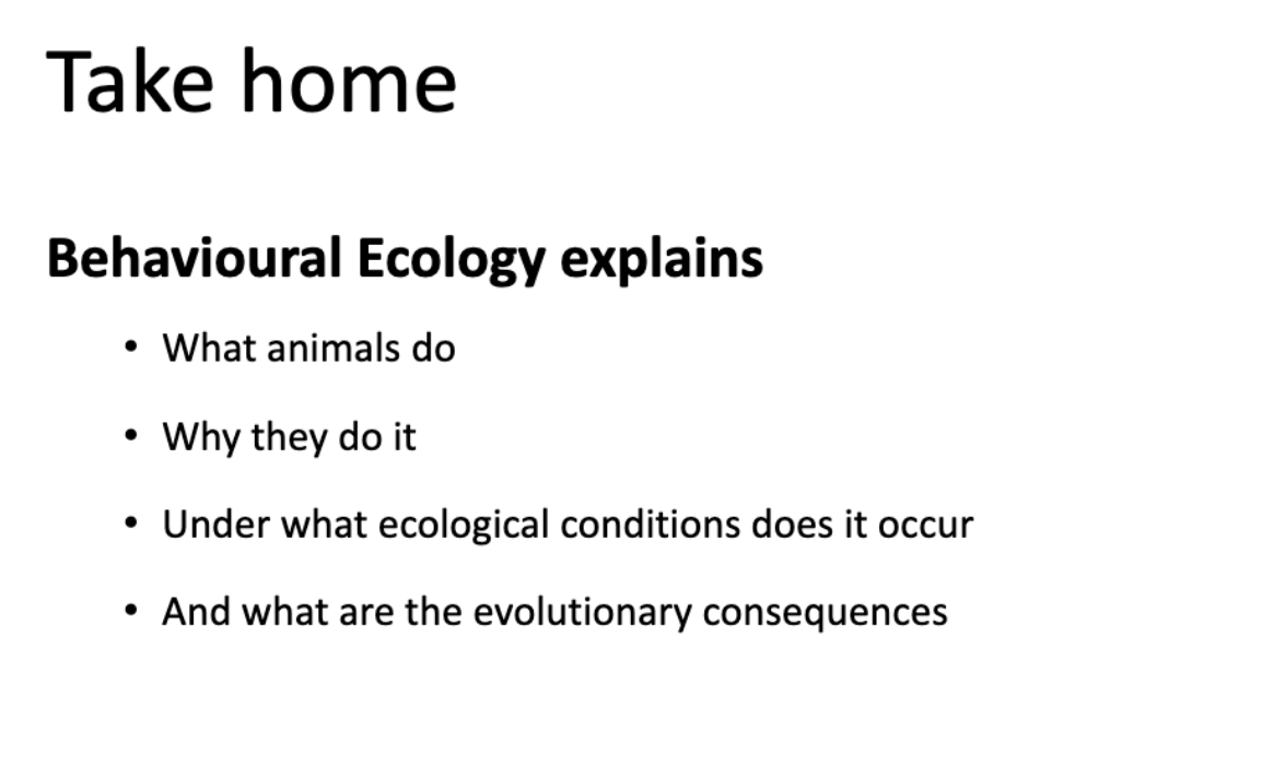 <p>Behavioral ecology integrates:</p><p>Ecology + Evolution + Behavior + Social Systems + Physiology </p>