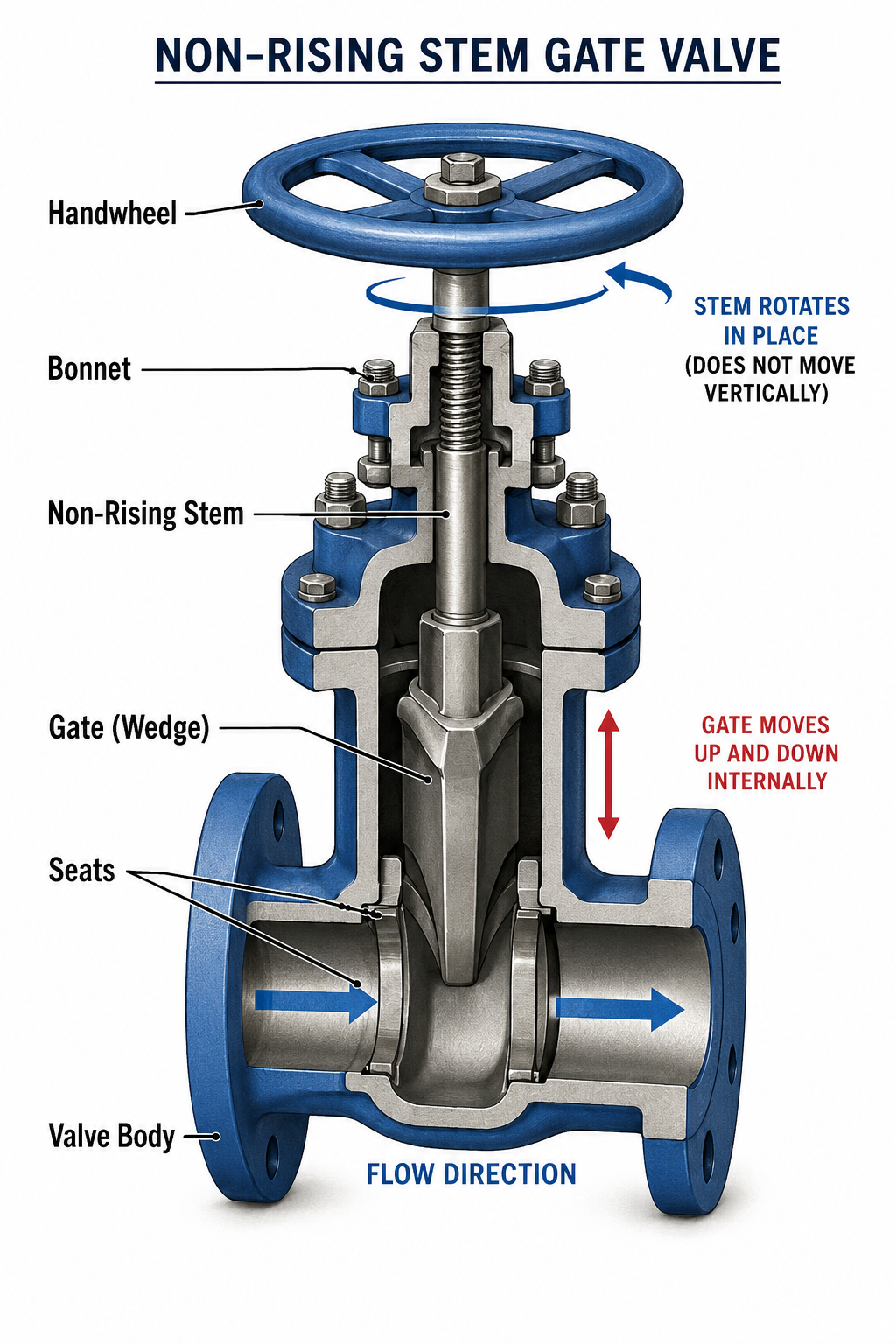 <p><strong><mark data-color="blue" style="background-color: blue; color: inherit;">STEM MECHANISM: gate valve</mark></strong></p><p></p><p><strong><mark data-color="yellow" style="background-color: yellow; color: inherit;">Description</mark></strong></p><ul><li><p>The <strong>stem does not move upward</strong>.</p></li><li><p>The gate moves internally/vertically while the stem only rotates.</p></li></ul><p><strong><mark data-color="yellow" style="background-color: yellow; color: inherit;">Common Uses</mark></strong></p><ul><li><p>Underground water mains</p></li><li><p>Fire protection systems</p></li><li><p>Areas with limited overhead space</p></li></ul><p><strong><mark data-color="yellow" style="background-color: yellow; color: inherit;">Advantages</mark></strong></p><p><span data-name="check_mark_button" data-type="emoji">✅</span> Requires less installation space</p><p><span data-name="check_mark_button" data-type="emoji">✅</span> Ideal for buried or confined locations</p><p><strong><mark data-color="yellow" style="background-color: yellow; color: inherit;">Disadvantages</mark></strong></p><p><span data-name="cross_mark" data-type="emoji">❌</span> Valve position is not obvious from the stem</p>
