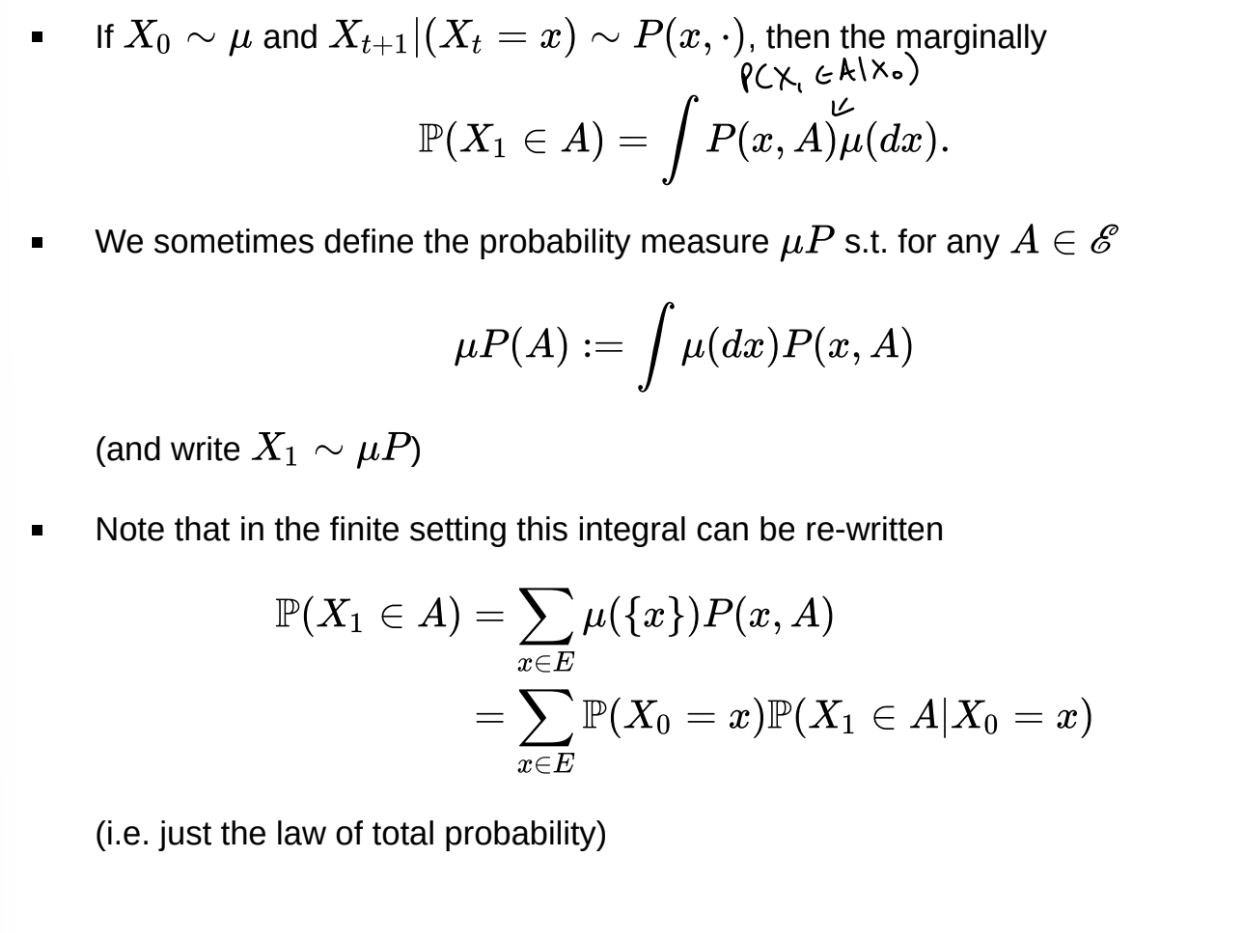 <p>$$X_{n}\sim\mu P^{n}$$ </p>