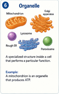 A specialized structure inside a cell that performs a particular function. Example: A mitochondrion is an organelle that produces ATP.
