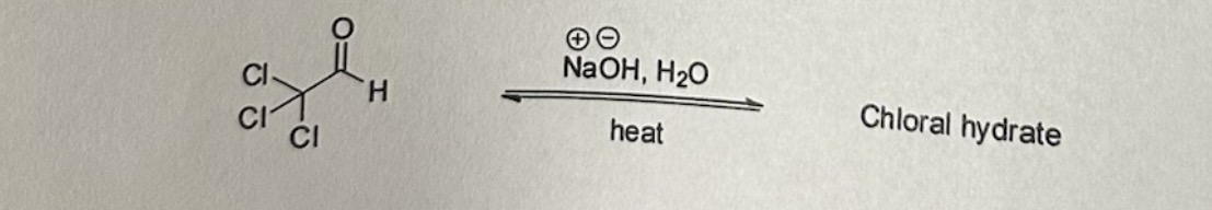 <p>The major product of the following reaction is chloral hydrate. Chloral hydrate is a geminal diol with the formula C2H3Cl3O2. It is a colorless solid. It has limited use as a sedative and hypnotic pharmaceutical drug. Provide the structure of chloral hydrate. </p>