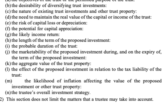<p>a trustee exercising power to invest must have regard to:</p>