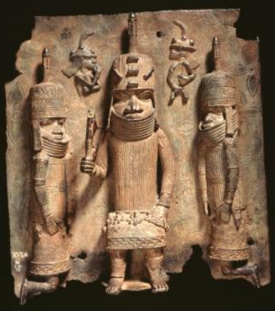 <ul><li><p>hierarchy scale</p><ul><li><p>the oba is larger and taller; the oba also has more regalis (clothes, accessories)</p></li></ul></li><li><p>The Portuguese introduced red Mediterranean coral in the late 15th century; its color fit pre-existing tastes and symbolism: red is power, blood, and danger</p><ul><li><p>coral: wealth, sign of leadership, connection to ancestral realms of the sea and to Olokun</p></li></ul></li><li><p>River leaf symbolism in the background</p><ul><li><p>References Olokun, a deity associated with wealth</p></li></ul></li></ul><ul><li><p>lost wax casting</p></li><li><p>punitive expedition</p><ul><li><p>The British looting and mass destruction of culture and life</p></li></ul></li><li><p>manilla, coral, brass</p></li></ul><p></p>