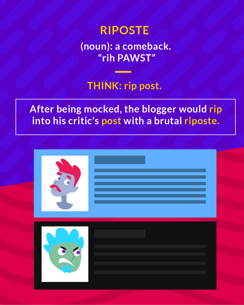 <p>retaliatory action or retort</p><p>(noun) a sharp comeback</p>