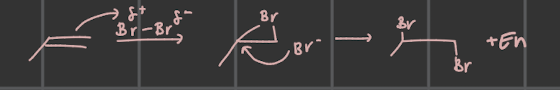 <p>Bromination; addition of Br2 across an alkene; anti addition where the second bromine addition is by Sn2 (backside attack) (product + enantiomer)</p>