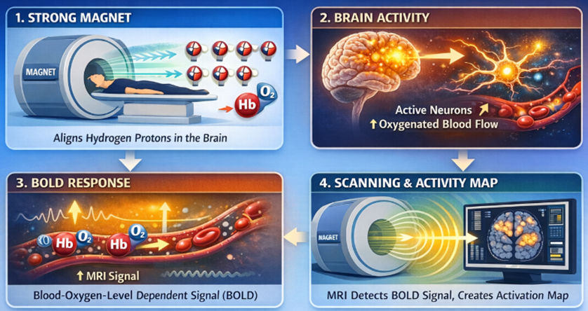 <p>Works: When neurons are active, they use oxygen, blood flow increases fMRI measures changes in blood flow</p><p>Shows: visualisation of brain activity associated with performing a cognitive task and/or behaviour</p>