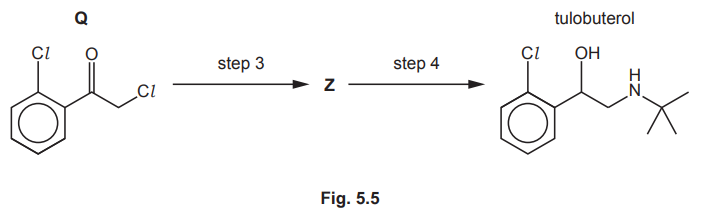 <p>Tulobuterol is produced from Q as shown in Fig. 5.5.</p><p>Suggest reagents and conditions for steps 3 and 4. </p><p>Draw the structure of Z.</p>