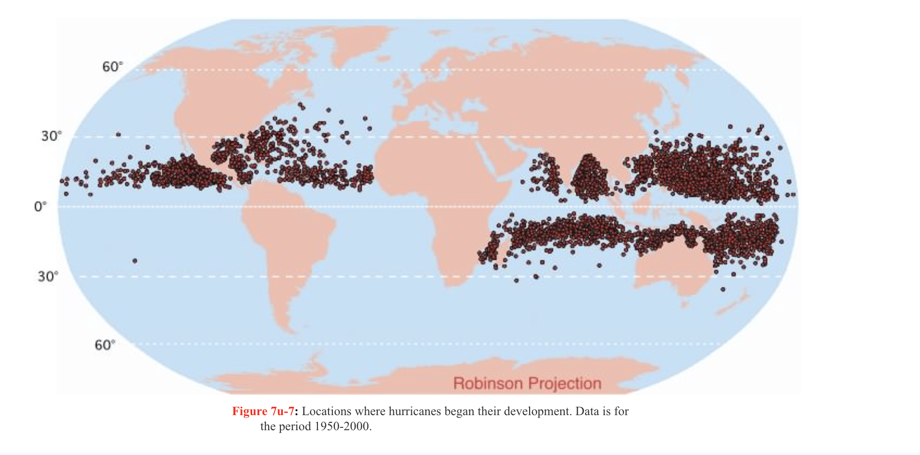 <p><span style="background-color: transparent;">Tropical storms occur between 5<sup>o</sup> and 20<sup>o</sup> degrees north and south of the Equator. Once generated, they tend to move westwards and are at their most destructive:</span></p><ul><li><p><span style="background-color: transparent;">In the Caribbean Sea/ Gulf of Mexico area where they are known as Hurricanes (11% of all tropical revolving storms)</span></p></li><li><p><span style="background-color: transparent;">On the western side of Central America (eastern Pacific) (17%)</span></p></li><li><p><span style="background-color: transparent;">In the Arabian Sea/ Bay of Bengal area where they are known as cyclones (8%)</span></p></li><li><p><span style="background-color: transparent;">Off southeast Asia where they are known as typhoons ( a third of all storms occur here every year)</span></p></li><li><p><span style="background-color: transparent;">Off Madagascar (southeast Africa) (11%)</span></p></li><li><p><span style="background-color: transparent;">Off North-western and north eastern Australia (20%) and given the local name willy-willies.</span></p></li></ul><p></p>