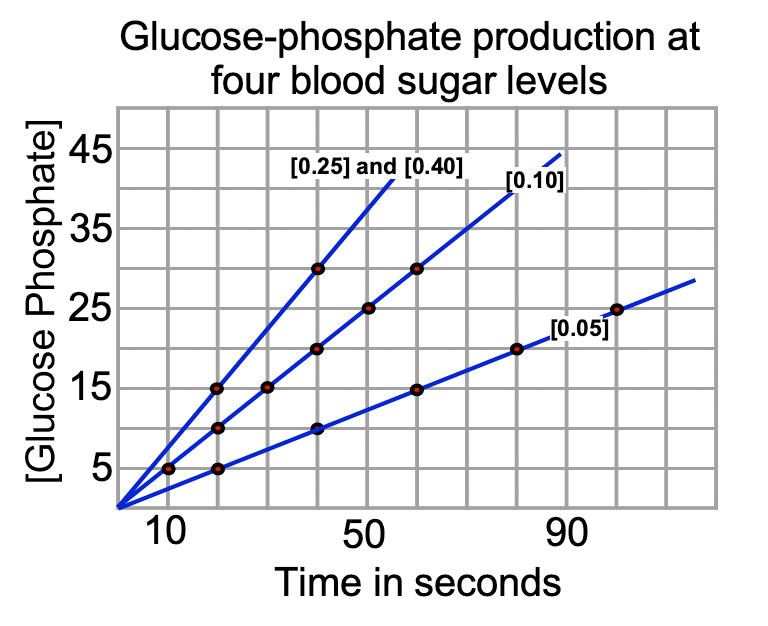 <p>Glucose-phosphate production by an enzyme from cells taken from the much-feared Lilyputin in media with four different glucose levels is provided above. The fasting blood sugar levels of this animal fall between <em>0.04 and 0.06.</em></p><p>What rate of glucose phosphate production you would expect from this enzyme under these conditions if provided a substrate concentration of 0.043?</p><p></p><p>0.215 units GP/Second</p>