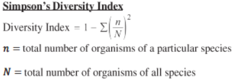 <p>A way to quantify biodiversity based on the number of species and the population size of each species (0 = no diversity (all the same), 1 = maximum diversity)</p>