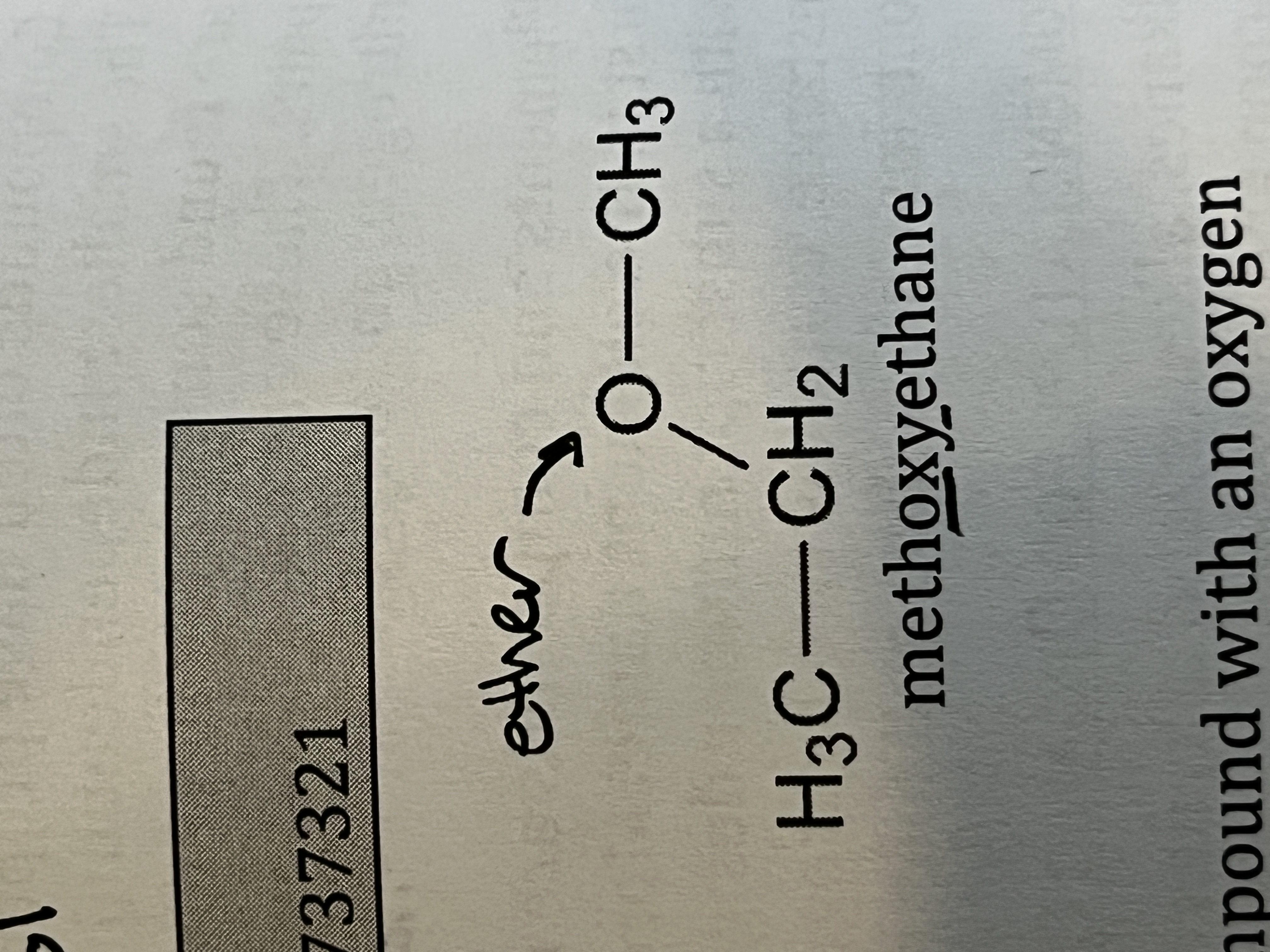 <p>A substituted hydrocarbon compound containing an oxygen molecule linking two hydrocarbon groups </p><ul><li><p>-oxy- </p></li><li><p>Hydrocarbon - O - Hydrocarbon </p></li></ul><p></p>