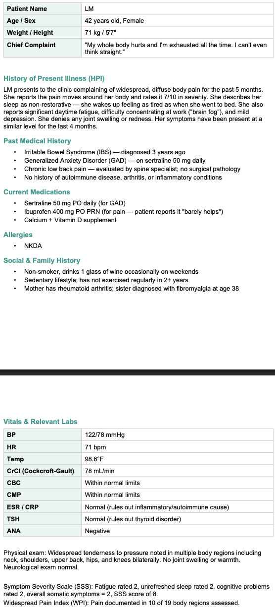 <p>Why is sleep hygiene especially important for LM?</p><ul><li><p>She has ______ and improving sleep can reduce fibromyalgia Sxs</p></li></ul><p></p>