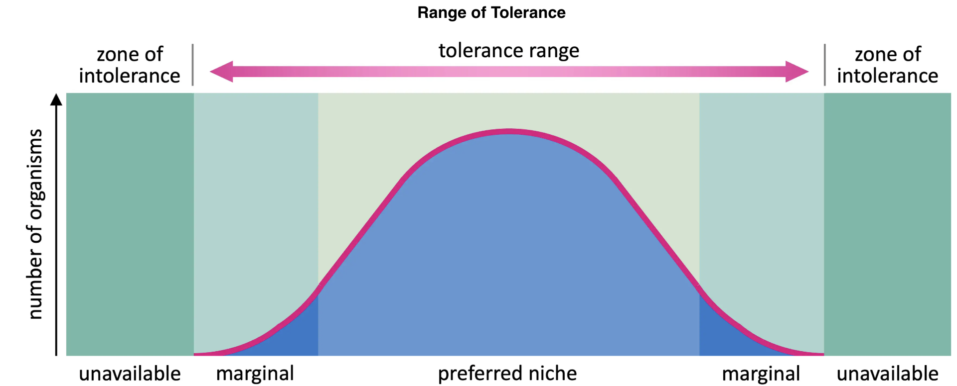 <p><span>Central portion of curve which has conditions that favour maximal reproductive success + survivability</span></p>