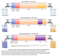 <p>when one content in the skull increases, another must decrease to compensate and maintain normal ICP; compensated up until a point</p>