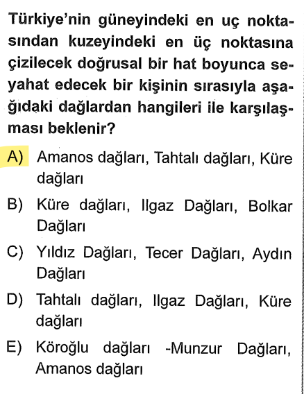 <p><strong>Amanoslar:</strong> Hatay'dadır (En güney).</p><p><strong>Tahtalı:</strong> Orta Toroslar'ın kuzey uzantısıdır (İç Anadolu'ya geçiş).</p><p><strong>Küre:</strong> Karadeniz kıyısındadır (Kuzey).</p>