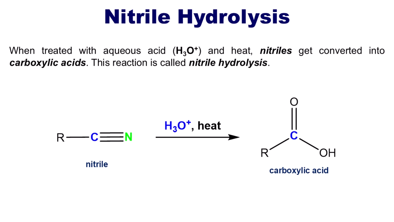 <p>nitrille puls some h3o+ leads to carboxylic acid </p>