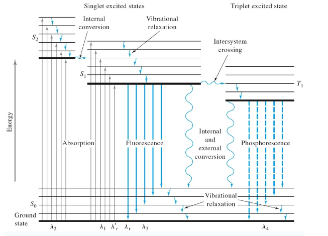 <ul><li><p>vibrational relaxation: non radiative, gives off heat</p></li><li><p>intersystem crossing: movement from lowest vibrational level of 1 state to a higher level of another state. causes a spin change. phosphorescense</p></li></ul><p></p>