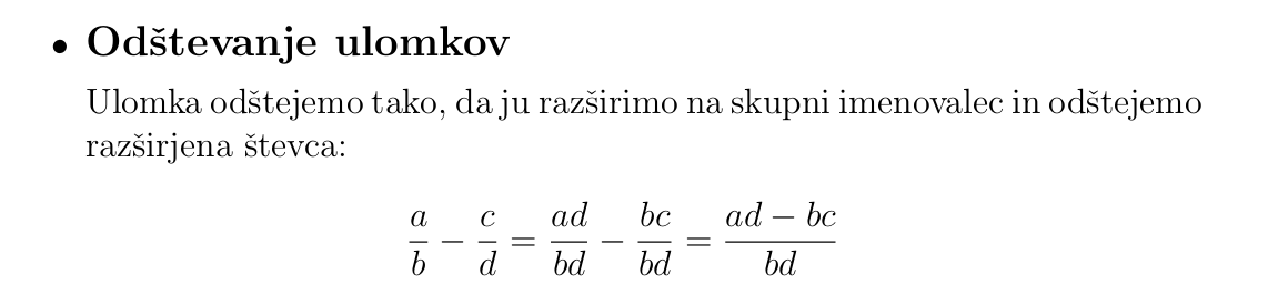 <ul><li><p>ODSTEVANJE ULOMKOV </p></li></ul><p>ulomka odstejemo tako da ju razsirimo na skupni imenovalec in odstejemo razsirjena stevca </p><p></p>