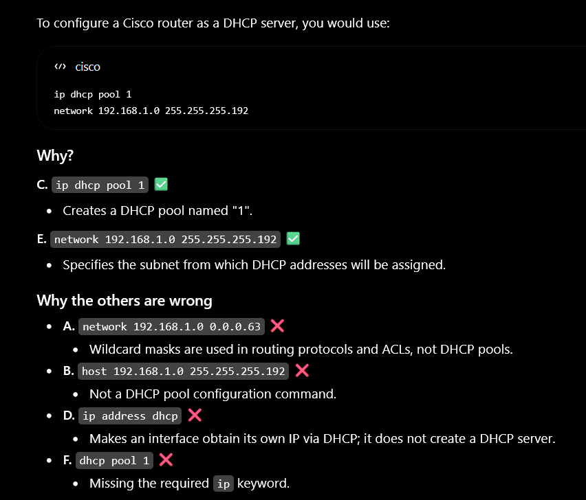 <p>ip dhcp pool 1 &amp; network 192.168.1.0 255.255.255.192</p>