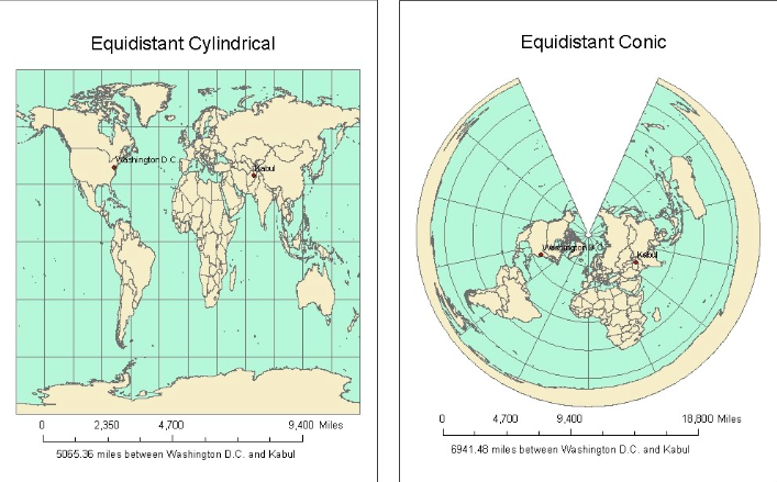 <p>A type of map projection that preserves true scale between one or two points to every other point on the map, or along every meridian.</p>
