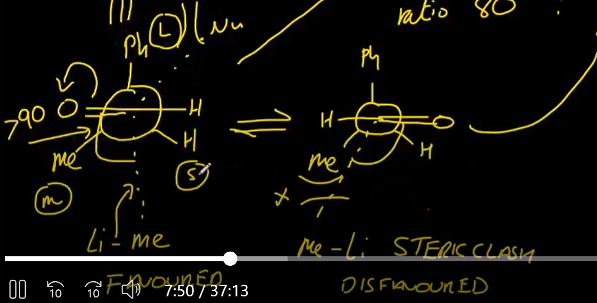 <p>so the major, ph is a large substituent methyl is meduium and H is small. the Me-Li attacks at an angle greater than 90 degree, thru the H, so more favoured. this called Felkin control</p>
