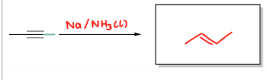 <p>Na / NH3 (l), neither regioselective, anti-addition, no rearrangement (forms trans-alkene)</p>