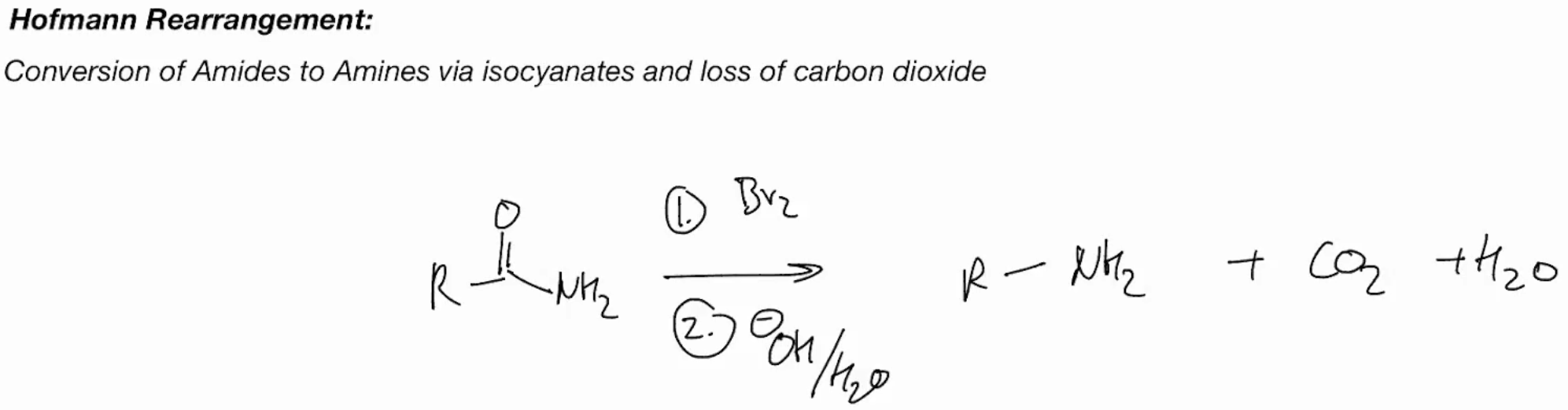 <p>Hoffman rearrangement (AMIDES TO AMINE)</p>