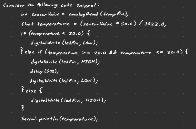 <p>Consider the code snippet. What would be the output to the screen if the sensorValue is 475? What would the LED do?</p>