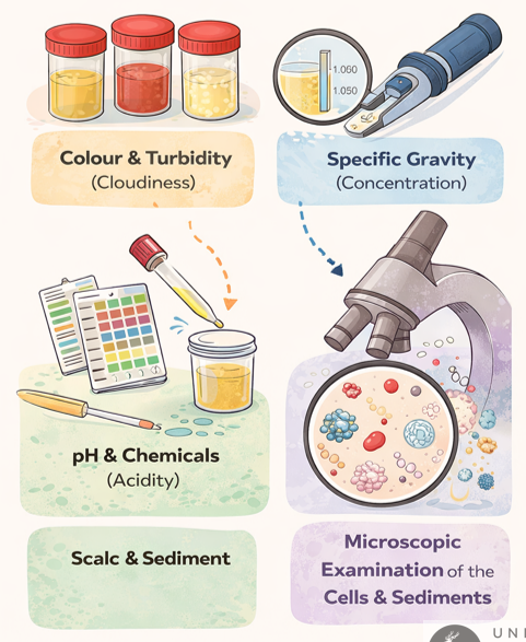<p><span>Urinalysis is a diagnostic investigation that involves the systematic examination of urine to assess renal function, urinary tract integrity, and overall metabolic and hydration status.</span></p><p style="text-align: left;"></p><p><span>§Assessment of colour and turbidity (cloudiness).</span></p><p><span>§Measurement of specific gravity (concentration).</span></p><p><span>§Measurement of pH (acidity) and chemical components.</span></p><p><span>§Microscopic examination of the cells and sediments</span></p>