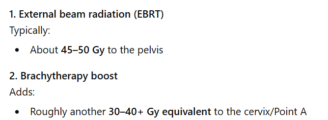<p>C 90 Gy</p><div data-type="horizontalRule"><hr></div><p>A patient with bulky disease can receive 40 to 45 Gy with external beam and an additional 40 to 50 Gy with low-dose or high-high dose brachytherapy.</p>