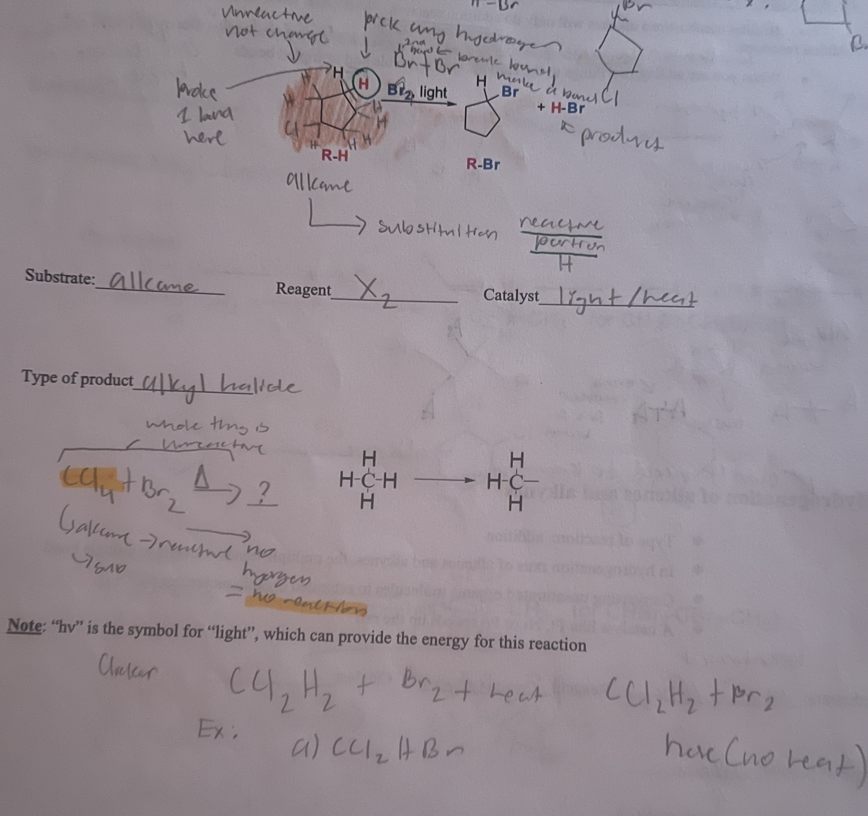 <ul><li><p>Besides combustions alkanes <strong>will only do substitution reactions</strong></p></li><li><p>For substitution of alkane, a H on the substrate will always be substituted</p></li></ul><p>Reaction between an alkane and a diatomic halogen (Br<sub>2</sub> or Cl<sub>2</sub>)</p><p>reagents X<sub>2 </sub>(halogens)</p><p>Type of reaction: substitution </p><ul><li><p><strong>Halogen (X)</strong>: is substituted in place of a hydrogen on the alkane </p></li><li><p>Requires light(hv) or heat</p></li><li><p>The products are <strong>alkyl halides</strong>(R-X)</p></li></ul><p></p><p>STUDY IMAGE WITH THE REST OF THE NOTES</p>