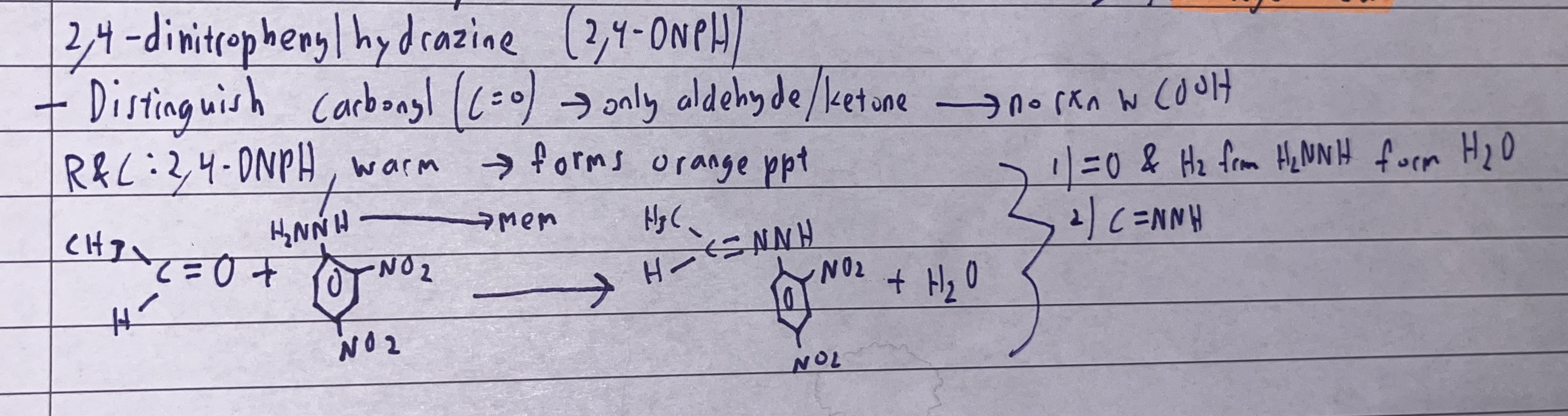 <p>2,4-dinitrophenylhydrazine, warm</p><p>forms orange ppt</p>