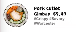 <p>Contains pork cutlet, cutlet sauce and sesame leaf: seasoned rice, dried seaweed, carrot, cucumber, pickled yellow radish, and burdock root.</p>