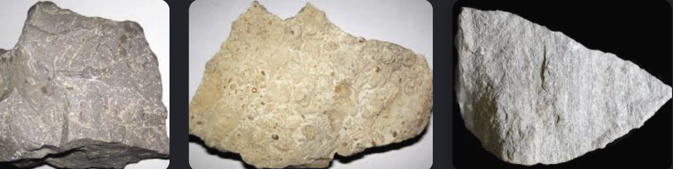 <p>carbonate rock that differs from limestone in that it contains the mineral dolomite (CaMg[CO<sub>3</sub>]<sup>2</sup>), which contains equal amounts of calcium and magnesium</p><ul><li><p>forms by a chemical reaction between solid calcite and magnesium-bearing groundwater</p></li><li><p>change may take place beneath lagoons along a shore soon after the limestone has formed, or a long time later, after the limestone has been buried deeply</p></li></ul><p></p>