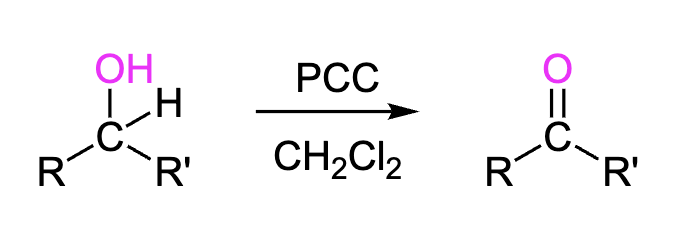<p>Using PCC we can turn secondary alcohols (-OH) into ketones (O=C-R). Also could be done with DMP.</p><p>Reagents: PCC, CH2Cl2 </p>