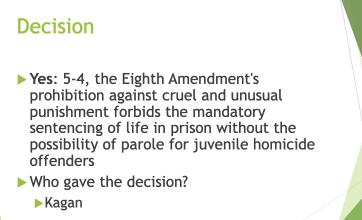 <p><strong>Justice Kagan.</strong> That means she wrote the majority opinion explaining why mandatory LWOP for juveniles is unconstitutional.</p><ul><li><p>This signifies a shift in how the legal system views juvenile offenders, emphasizing the need for individualized consideration in sentencing. </p></li></ul><p></p>