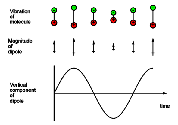 <ul><li><p>For absorption or emission, there must be a change in dipole on vibration</p></li><li><p><span style="background-color: inherit;">The oscillating electric field needs to interact with the molecule and to let it do so its required to interact with the molecules oscillating dipole and it vibrates</span></p></li></ul><p></p>