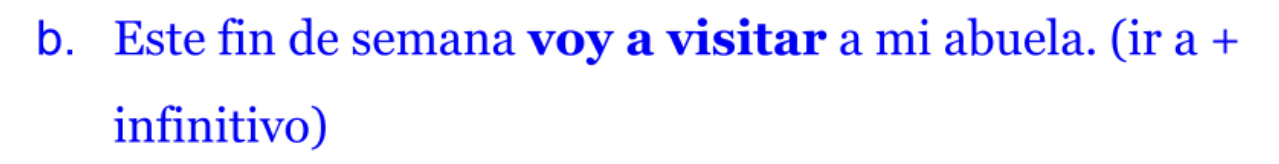 <p>Used for to express immediate or imminent actions that will happen very soon + present tense conjugation.</p>