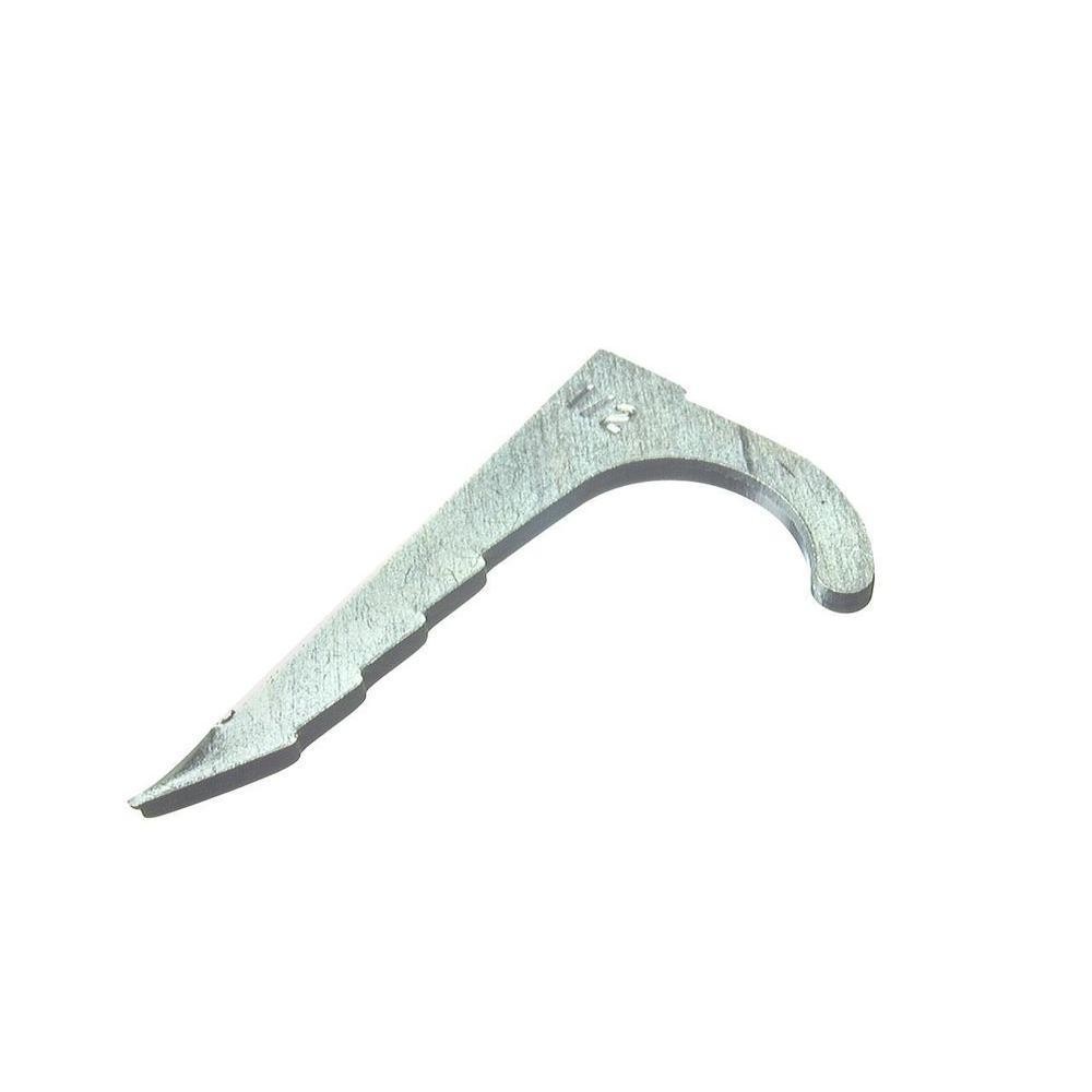<p>Die-cast zinc fastening strap driven into wood with a hammer, featuring a curved cradle that holds conduit securely in place.</p>